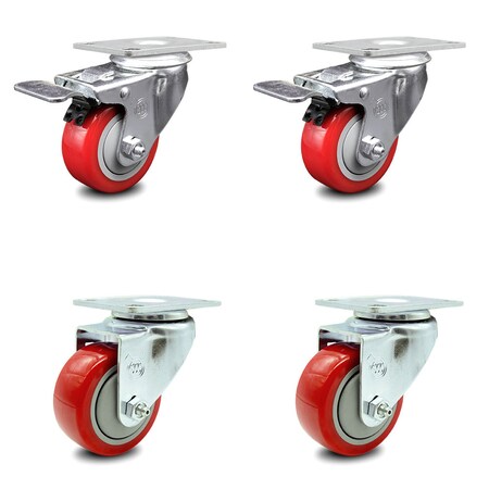 Service Caster 3.5 Inch Red Polyurethane Wheel Swivel Top Plate Caster Total Lock Brake, 2PK SCC-TTL20S3514-PPUB-RED-2-S-2